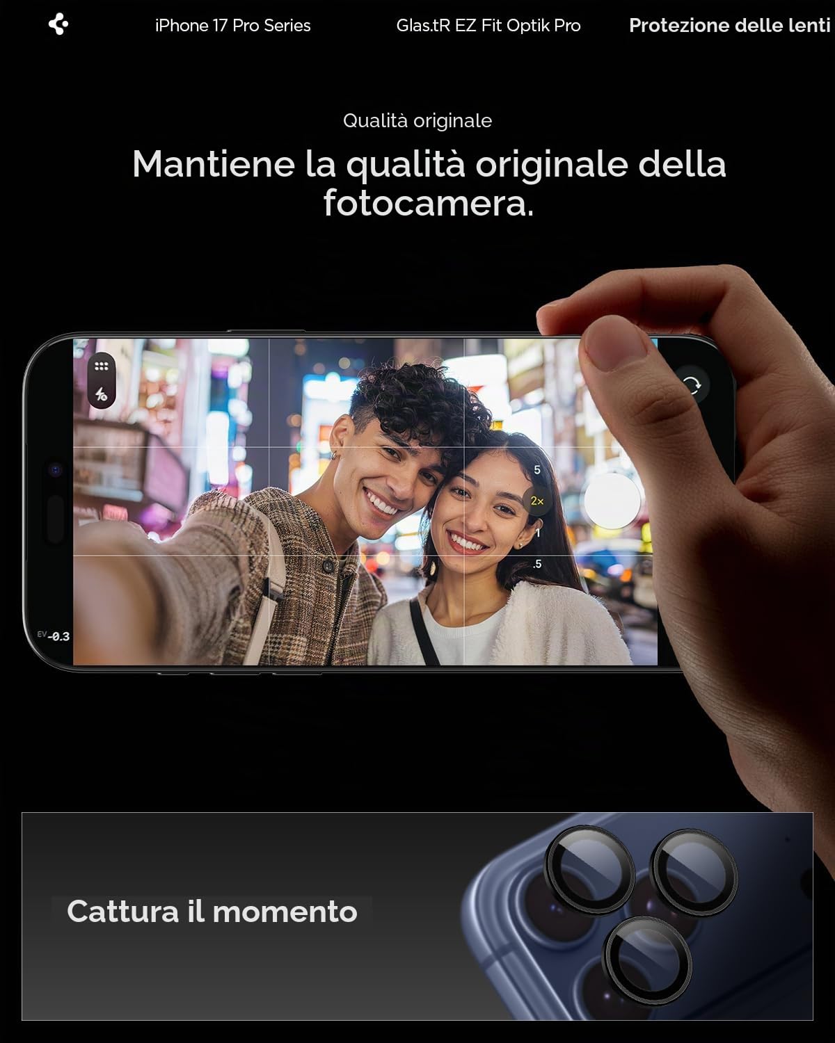 Spigen Protezione Fotocamera compatibile con iPhone 15/16/17 Pro, iPhone 15/16/17 Pro Max, 2 Pezzi, Titanio nero, Anello Individuale, Durezza 9H Pellicola prottetiva