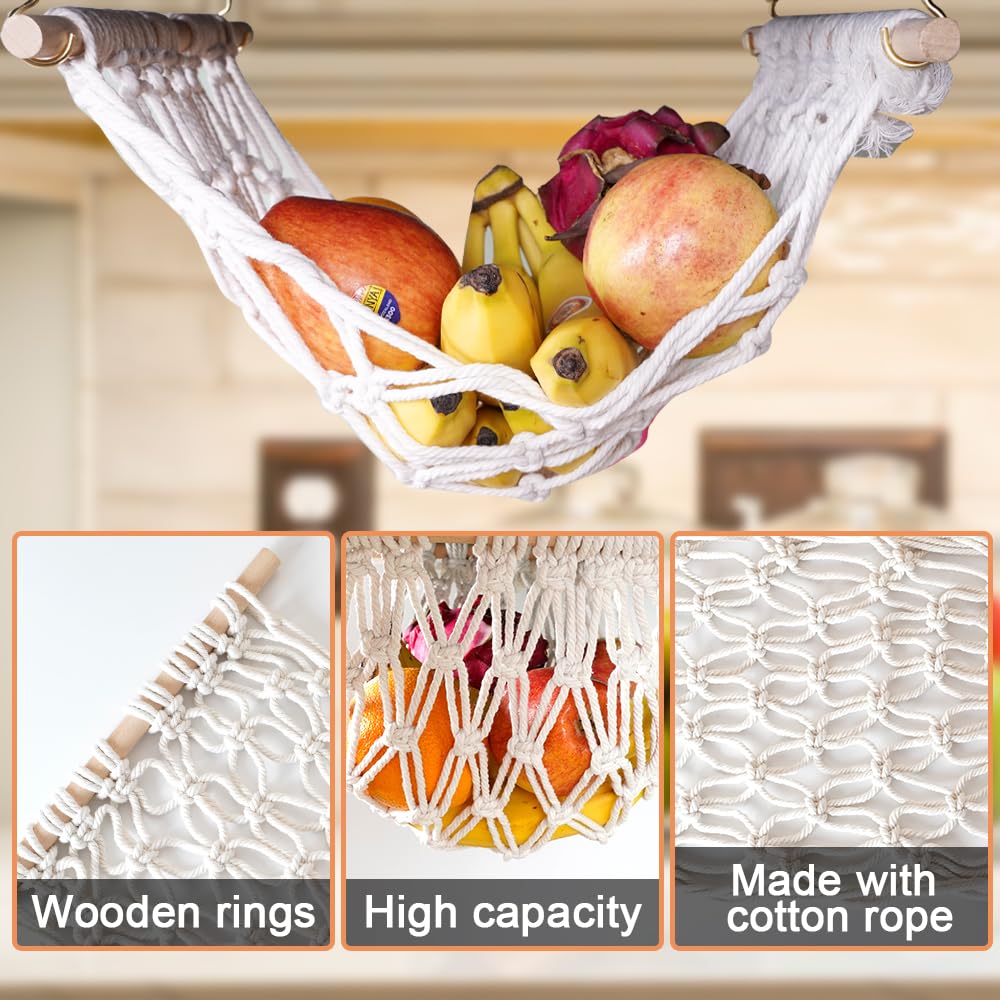 Fruit Hammock Hanging with Hooks Hanging Fruit Basket for Kitchen Under Cabinet Boat Rv Camper for Storing Fruits, Macrame Boho Macrame Fruit Basket