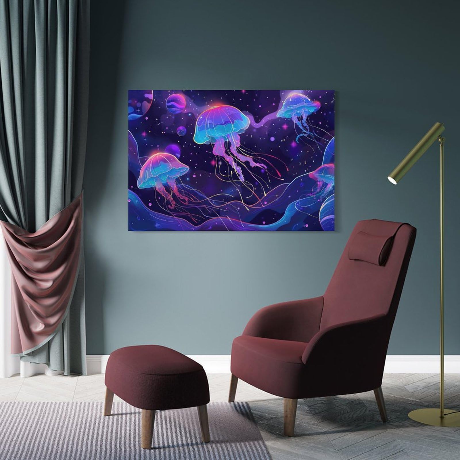 Junmoney Frame-Style-7-1 Wall Picture Print Cosmic Neon Jellyfish, 20X30inch(50X75cm), For Feature Walls In Flats Or Modern Rooms, An Easy Match For Collected Prints