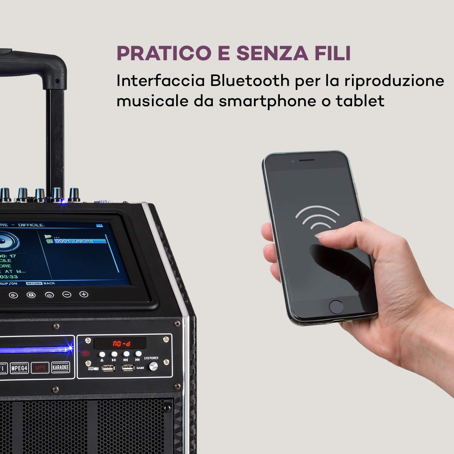 AUNA Pro DisGo Box 2100 DVD - Impianto PA Portatile, 300 W Max., Display TFT da 9" (23 cm), Lettore DVD, 2 Subwoofer da 10" (25,5 cm), Bluetooth, XMR Bass Technology, Microfono uhf Senza Fili, Nero