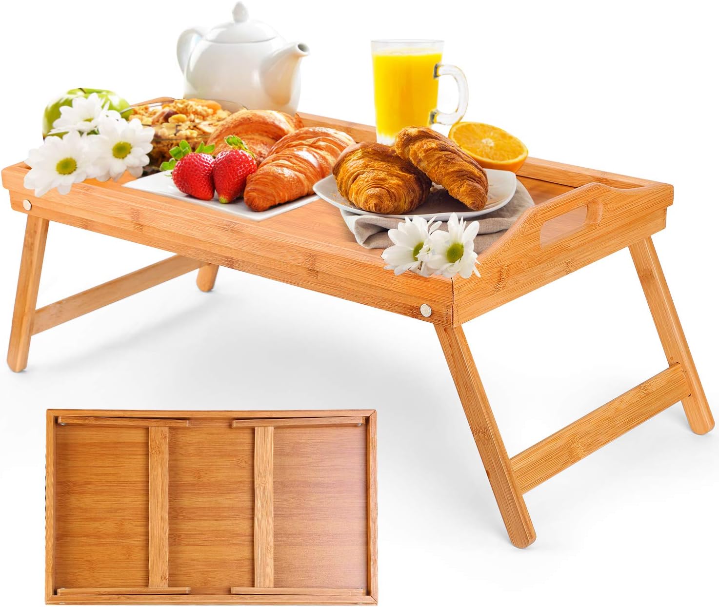 Moclever Breakfast Tray Table with Folding Legs - Serving Tray Bamboo - Dinner Trays, Tea Tray, bar Tray, Breakfast Tray or Any Food Tray - Good for Parties, Reading, Working or Bed Tray
