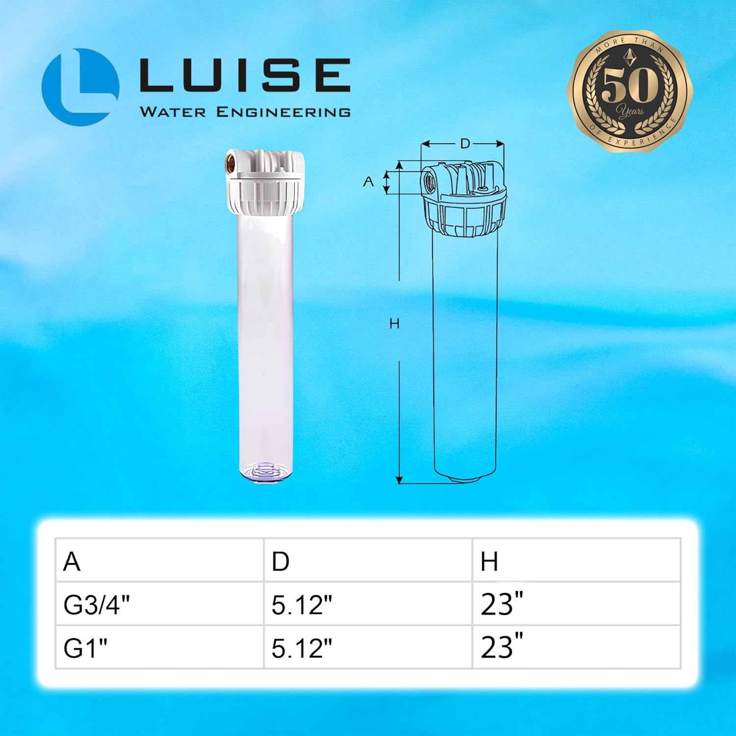 Luise Super Big 20 Filter Housing 1" Inlet Brass Ports (20"x2.5") Made of Non-Toxic Plastic Material with Wrench and Bracket (L503.2050).