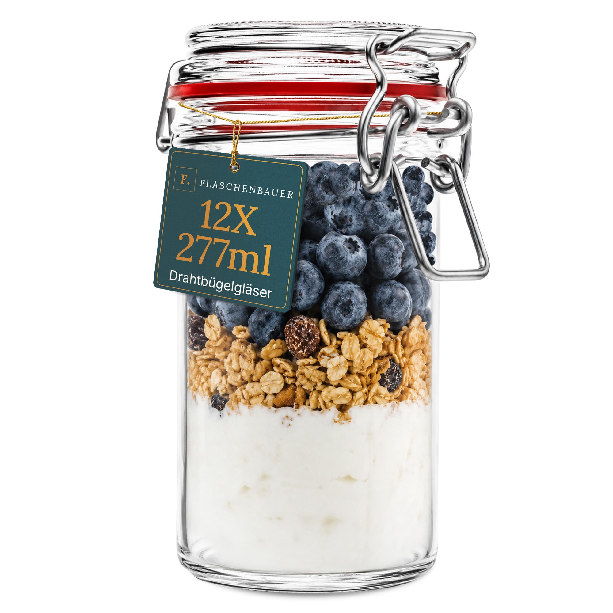 Bauer Flaschenbauer - Juego de 12 tarros de almacenamiento con gancho de alambre de 277 ml, adecuado como tarro para conservas y fermentación, para almacenamiento, relleno, tarros vacíos con gancho de