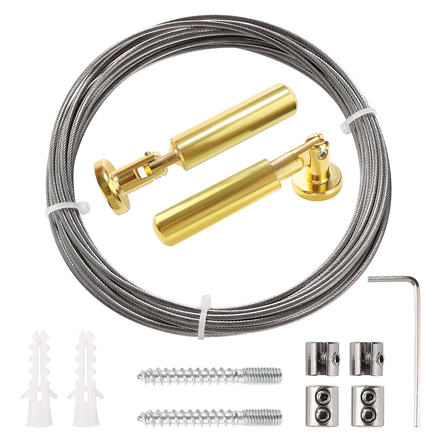 Lyeteung 5m Wall Mount Curtain Wire Rod Set, Hanging Wire Curtain Drape Rod, for Light/Lamp Photos Art Projects Clothesline, Gold