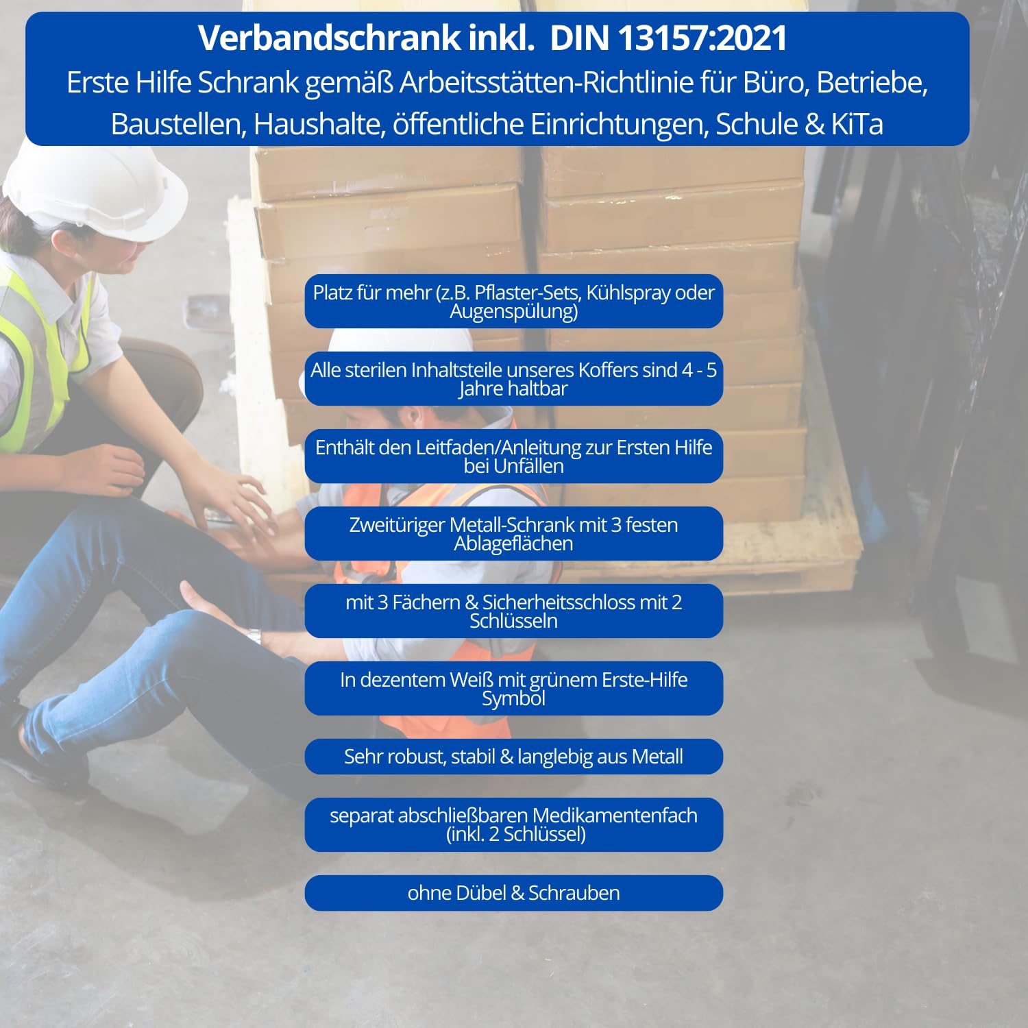 Botiquín de primeros auxilios DIN 13157:2021 con 3 compartimentos (dos puertas), compartimento para medicamentos con cerradura y cerradura de seguridad, de metal, 60 x 50 x 13 cm, grande, resistente