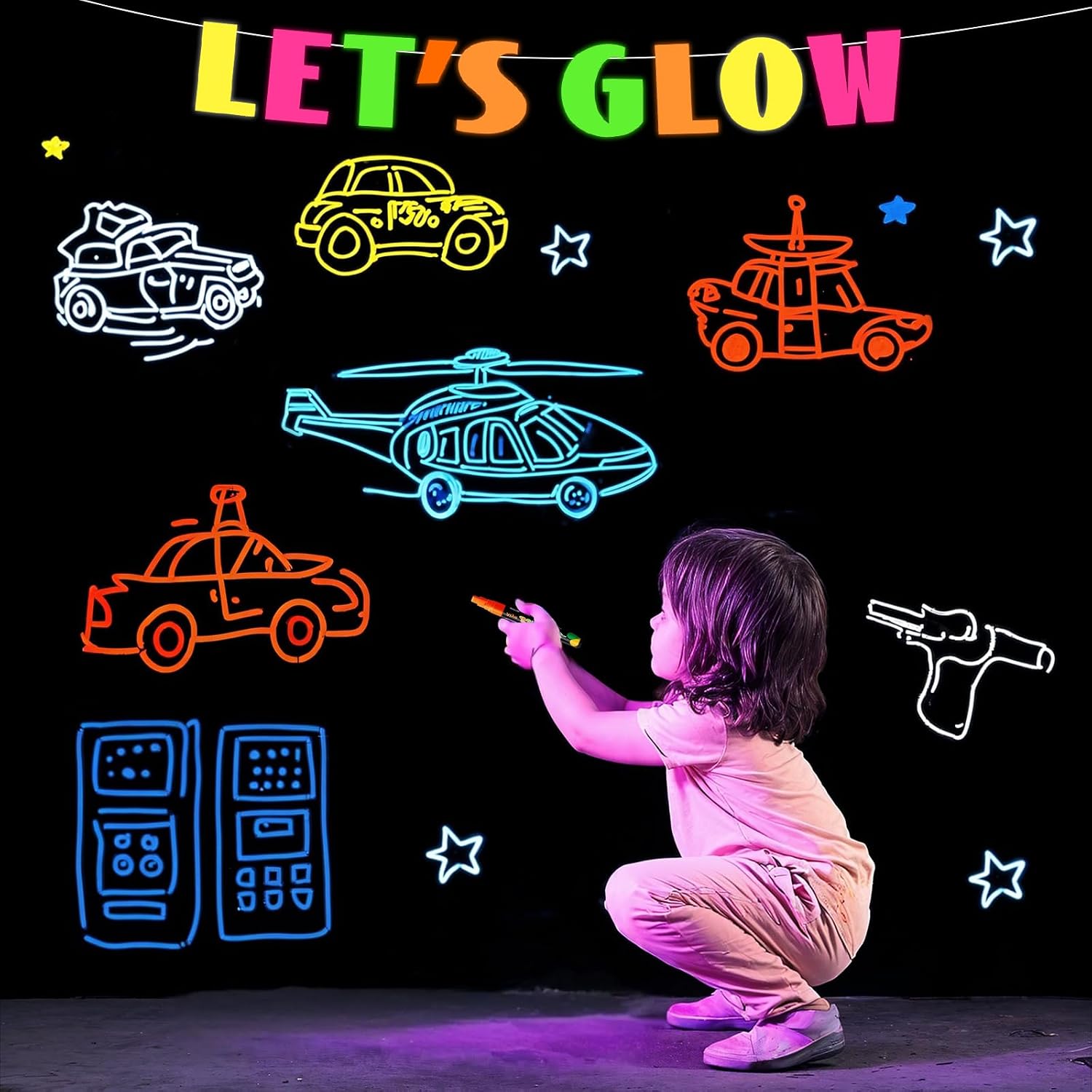 Glow In The Dark Party Supplies, Neon DIY Party Backdrop with 6 Fluorescent Colored Pens Let’s Glow Photography Background Banner for Birthday Sleepover Neon Graffiti Decorations
