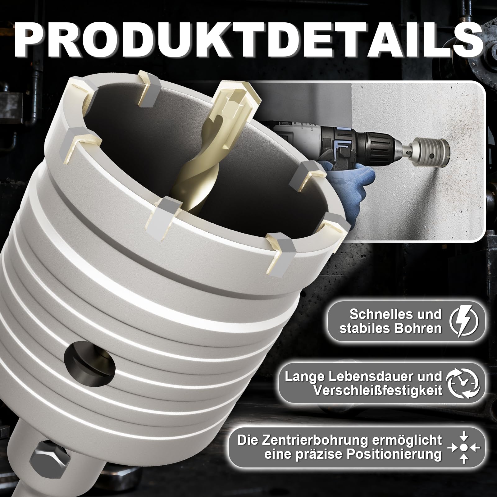 Zestaw korony wiertniczej 105/110/120/150 mm wraz z adapterem SDS-Plus (220 mm × 2), 2 x wiertło centrujące, z kluczem płaskim i workiem chroniącym przed kurzem – do muru, betonu, kamienia naturalnego