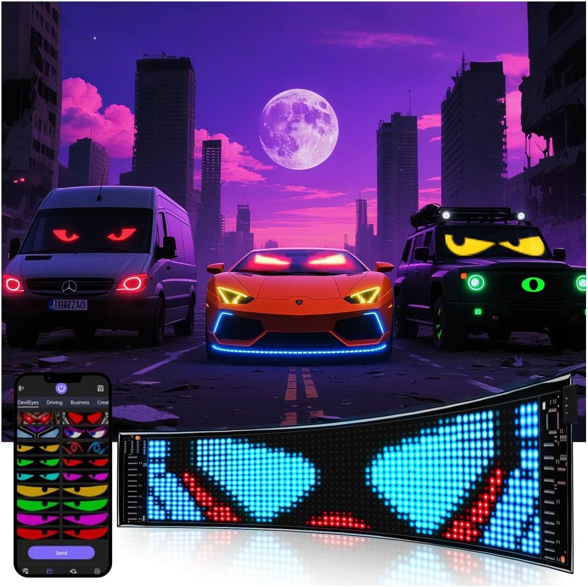 Multifunctional Bright 1PCS Devil Eyes for Cars Windshield - 15in x 4in [ 2025 Tech Two Screen Synchronization Chips ] Flexible Programmable LED Eyes Light for Car - Sized Cars/SUVs/Trucks