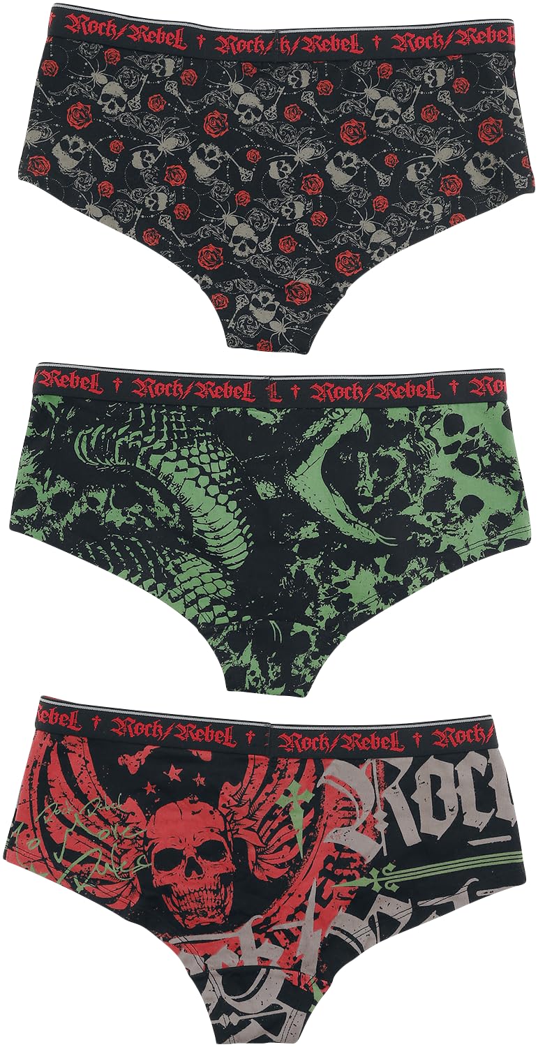 Rock Rebel by EMP Mujer Braguitas Negras en Pack de Tres con Estampado
