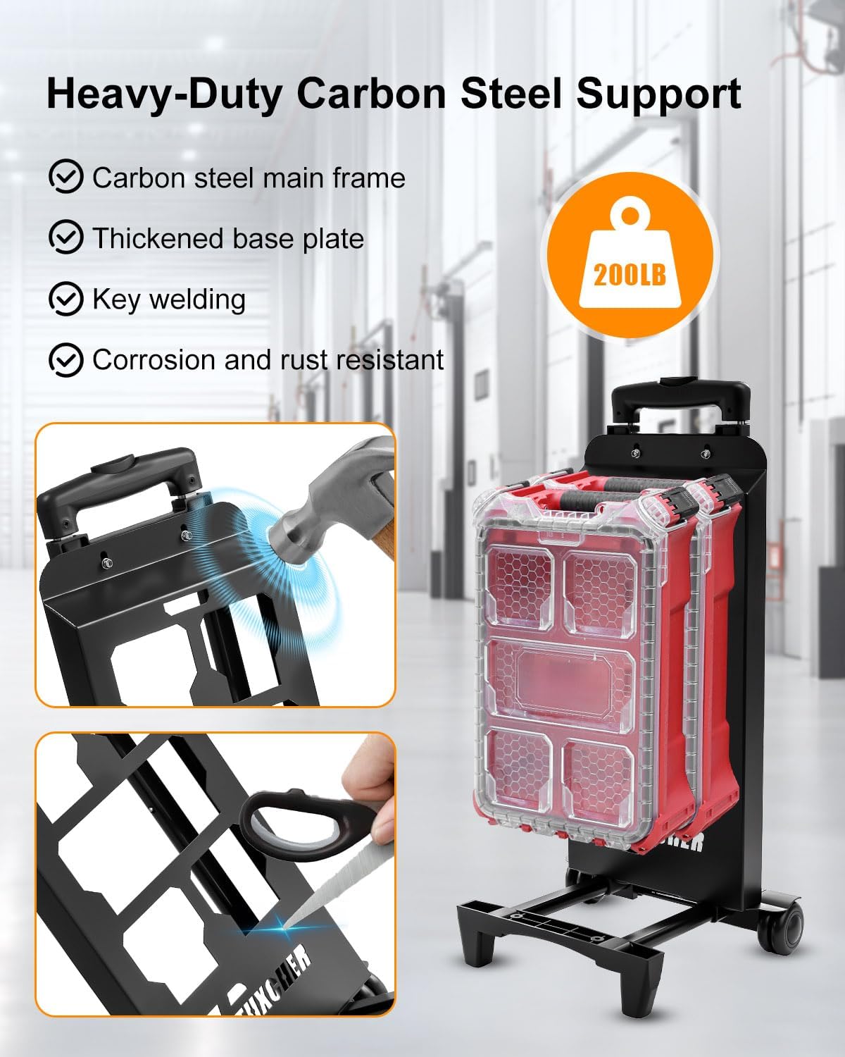 Tool Box Dolly Compatible with Milwaukee Packout, Heavy Duty Steel Rolling Base with Retractable Handle, 200 Lbs Capacity, Upgrade Tool Box to Rolling Cart for Workshop & Jobsite