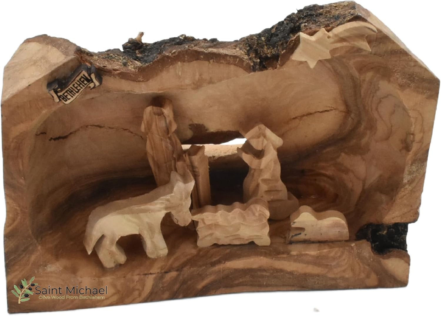 Hand-Carved Olive Wood Nativity Scene in Cave Shape Tree Bark | Made in Bethlehem, Holy Land 6-5 insh