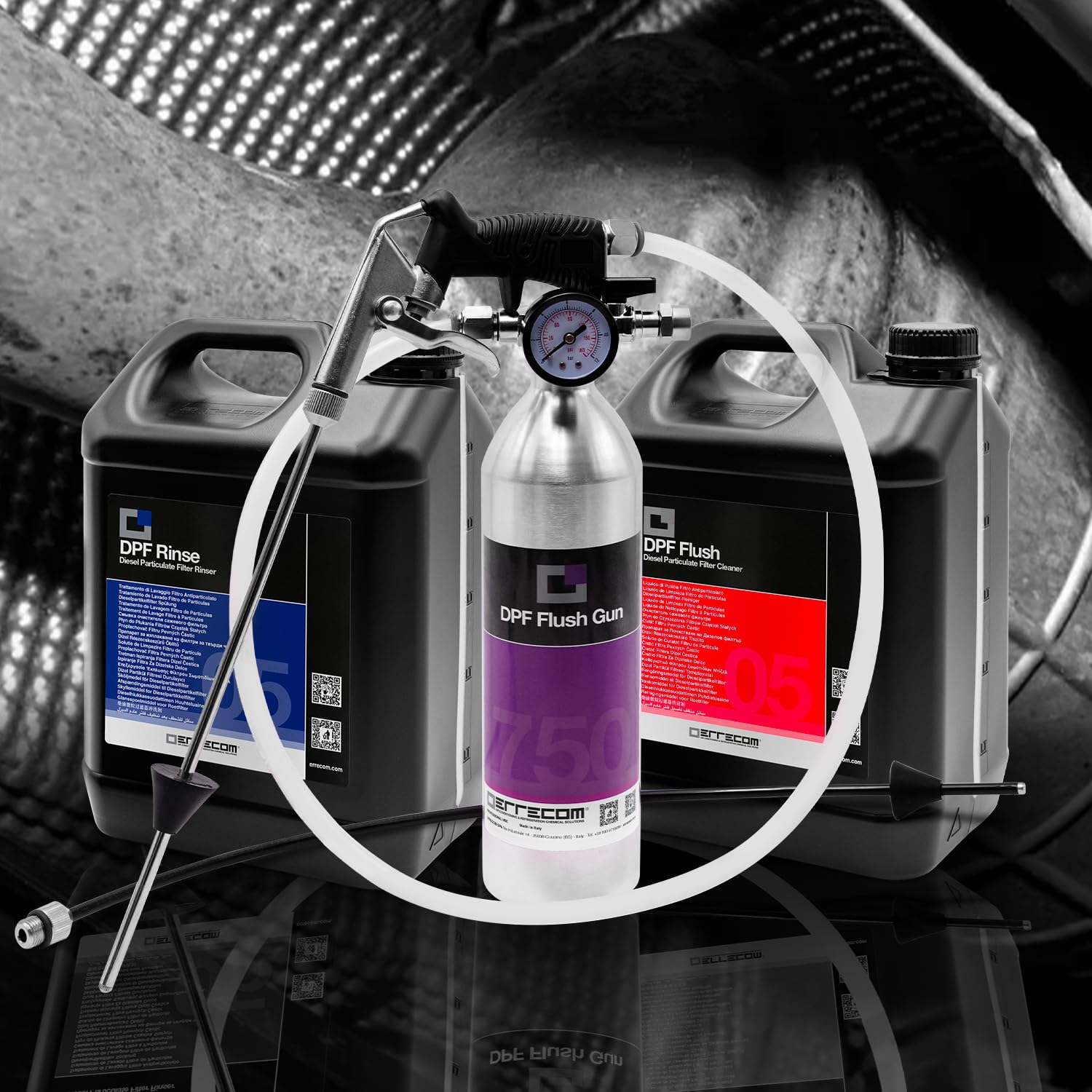 Errecom DPF Flush Kit, Kit de Limpieza para Filtro de partículas y catalizador, Contiene 1 DPF Flush, Limpiador 5 L, 1 Enjuague DPF, líquido de Enjuague 5 L y 1 Pistola de Lavado DPF