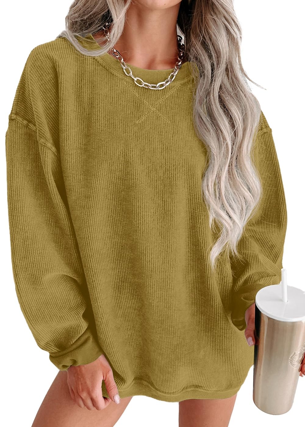 ONLYSTORY Womens Sweatshirts Oversized Cored Corduroy Pullover Tops