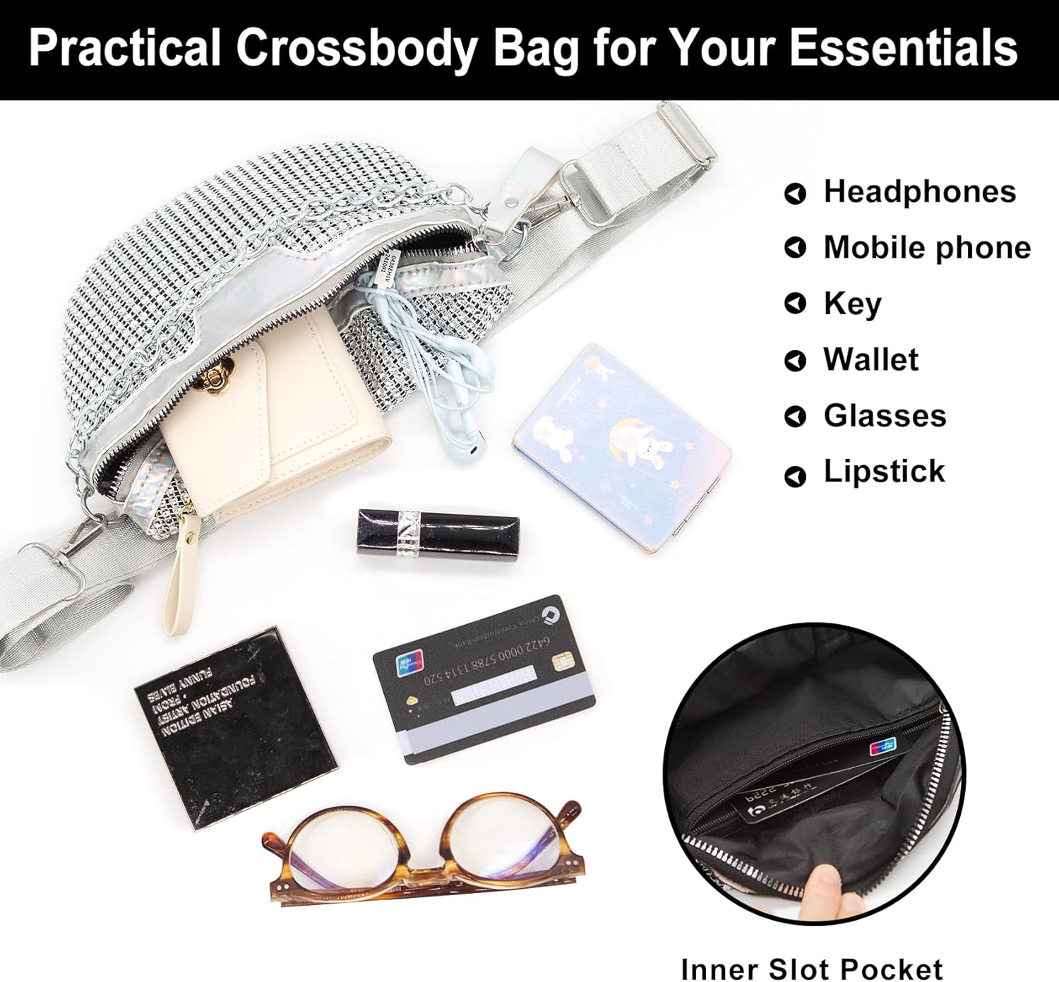 Long Keeper Chest Bag for Women Bling Fanny Packs Holographic Rhinestone Small Purse Waist Sparkly Bumbags For Party Travel (Silver) - Image 4