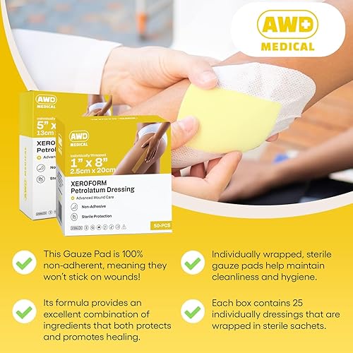 Miniatura 8 de AWD Medical Xeroform - Aderezo de vaselina de 5 x 9 pulgadas, almohadillas de gasa no adherentes, parche de gasa de malla fina estéril, suministros