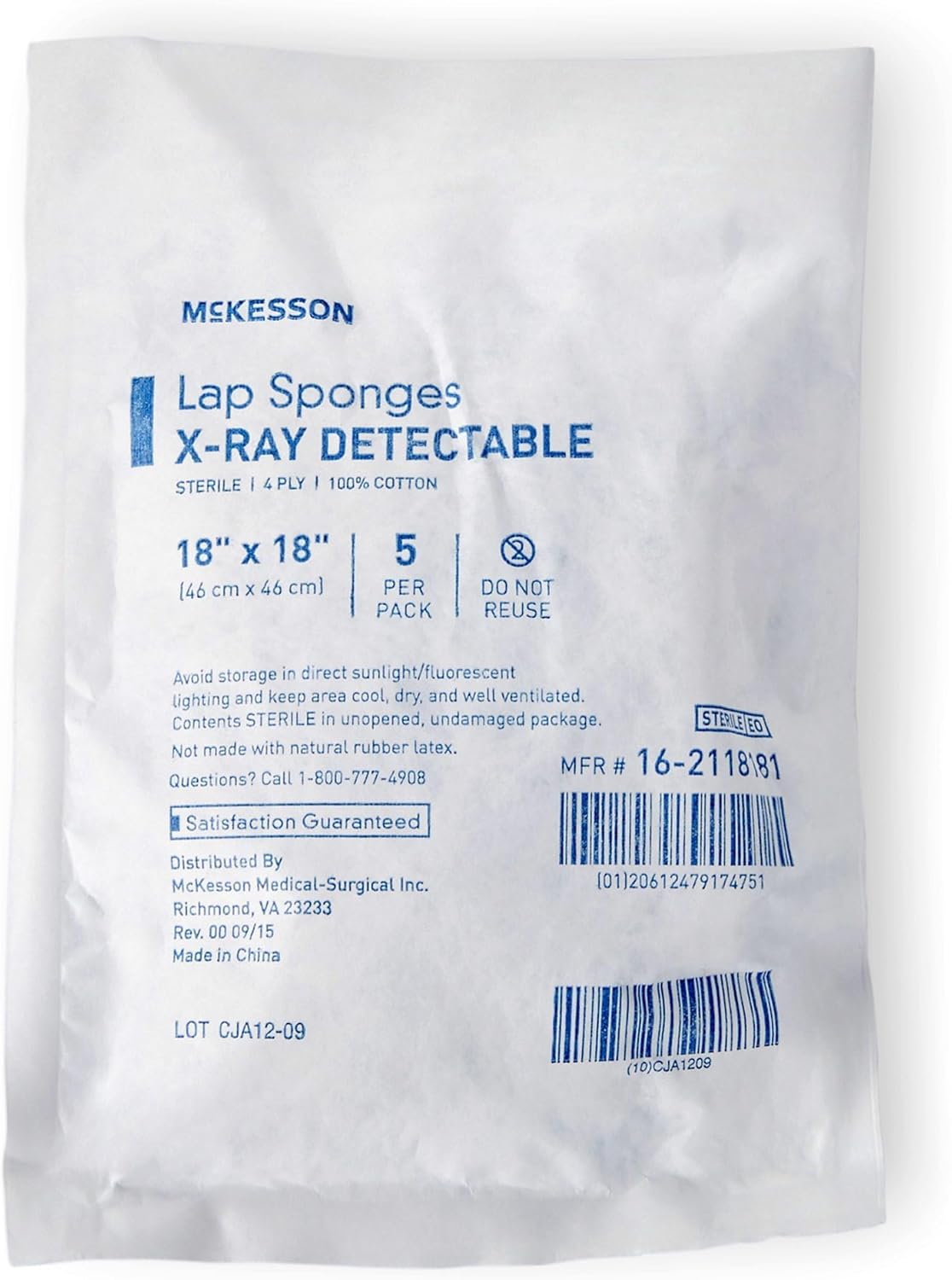 McKesson Lap Sponges, X-Ray Detectable Laparotomy Sponge, Sterile, 18 in x 18 in, 5 per Pack, 40 Packs, 200 Total