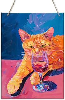 Cat drinking alcohol Wooden Painting Poster,Home Kitchen,Yard,Living room Wall Hanging wood decor Signs,Modern Art Cat drinking alcohol decor Wood Paintings,for Cat Enthusiast Gifts 6x12 inch