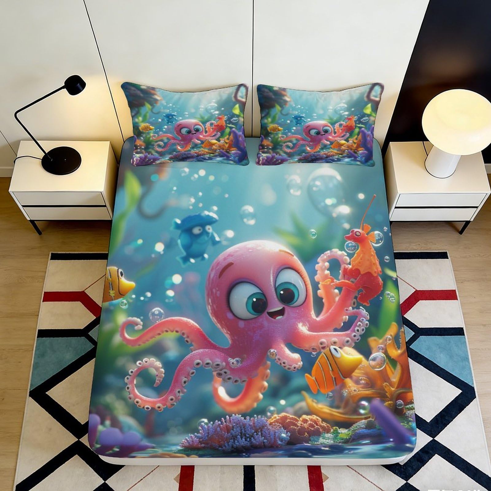 Tjiqhvmrn Style-7 3D Printed Sea Life Theme Fitted Sheet Microfiber Non-Slip Deep Pocket Ocean Bedroom Bedding Mattress Fitted Cover Washable Full Wrap For Adults Teens 90X200x25cm