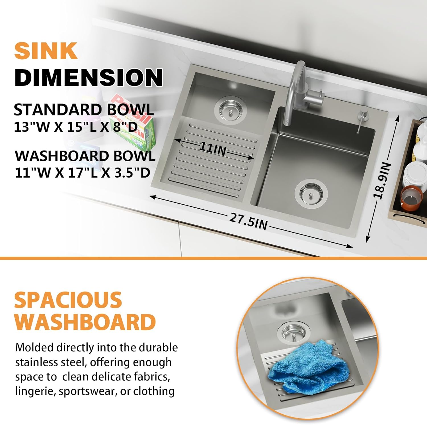 Stainless Steel Laundry Sink With Washboard-27.5 x 18.9 Inch Laundry Drop In Double Bowl Topmount Sink Come With Faucet And Drain Assembly Dedicate Washboard Zone Add Convenience To Any Laundry Room