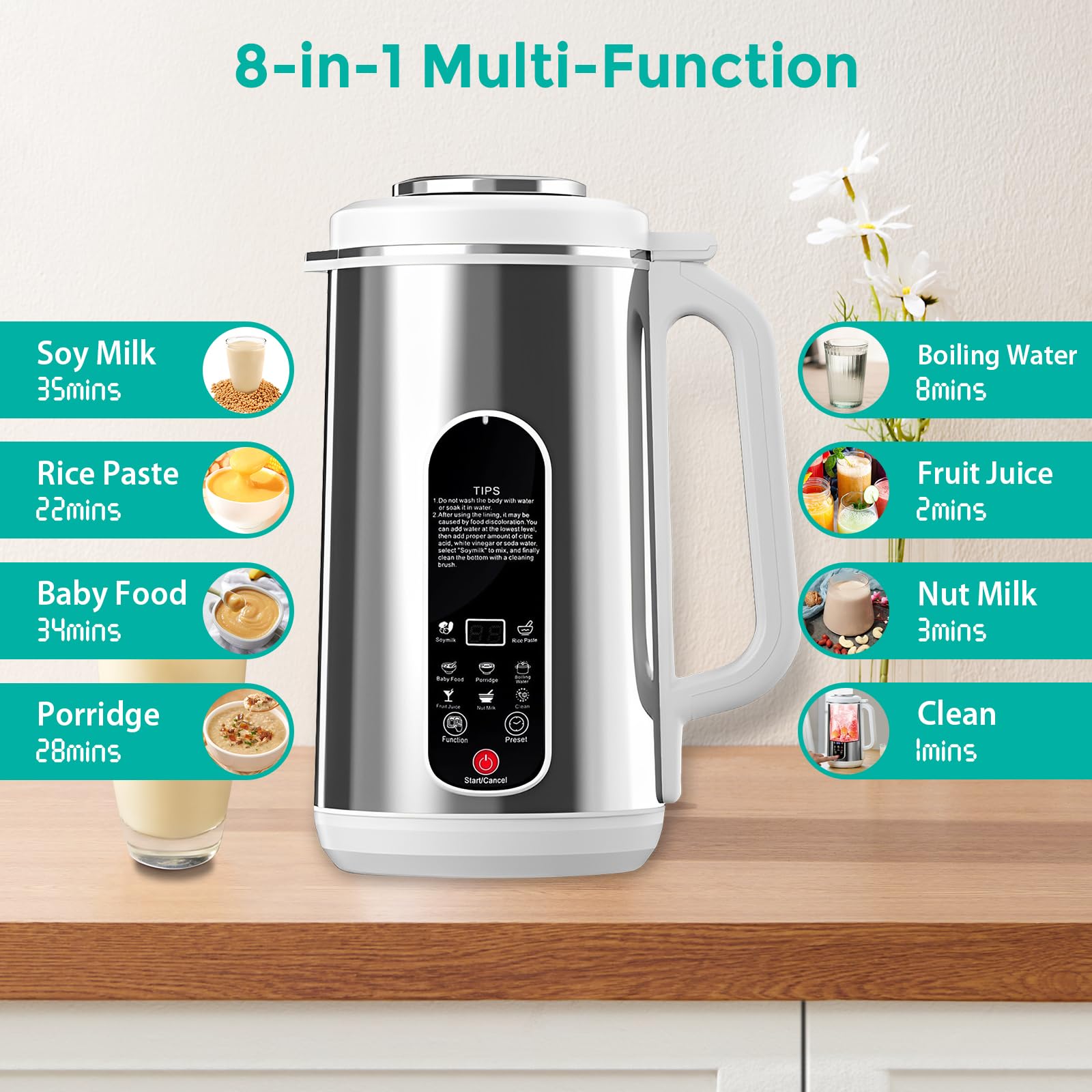Macchina per Latte Vegetale 1200ml, Macchina Latte di Soia con Autopulente, 8 in 1 Multifunzionale Macchina per Latte di Noci con Funzione Prenotazione Per Soia, Noci, Avena