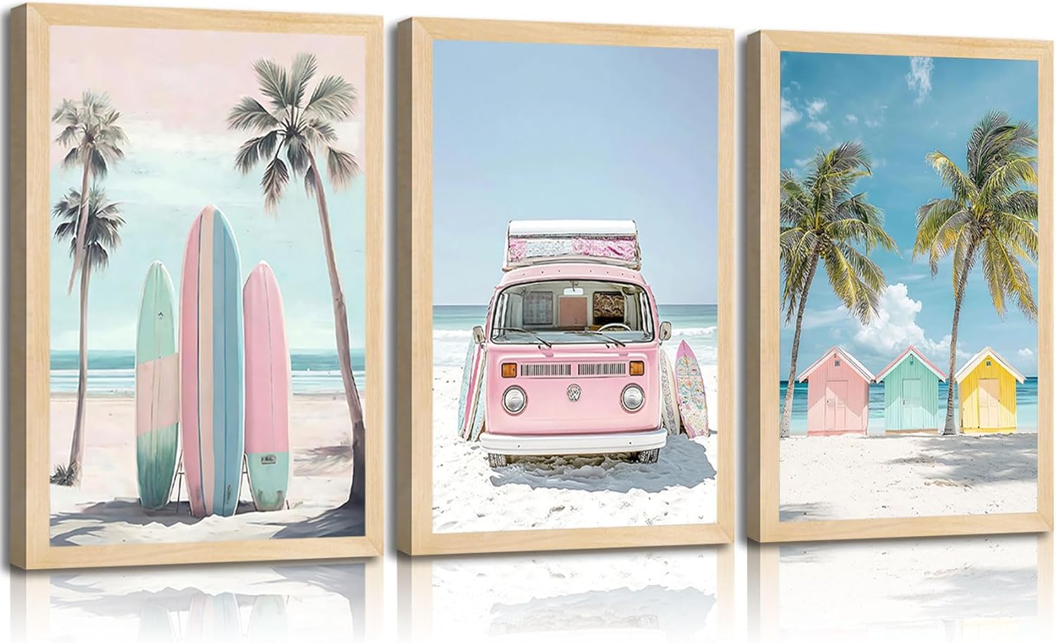 3Pcs Pink Beach Wall Art Tropical Teen Girl Coastal Canvas Poster Print Surfboard Palm Picture Wall Decor for Beach Room Bathroom Living Room Bedroom 16x24in Unframed