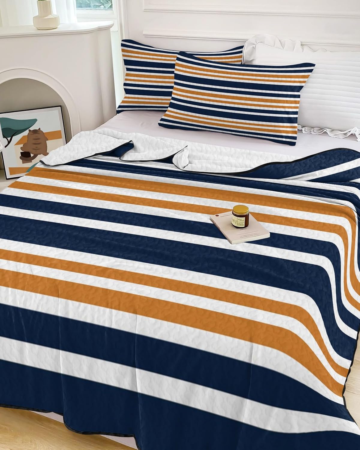 Queen Size Quilt Set, Orange Navy Blue Stripe Line Lightweight Bedspread Coverlet Set Soft Microfiber Summer Quilt with 2 Pillow Shams, 3 Piece Comforter Bedding Set