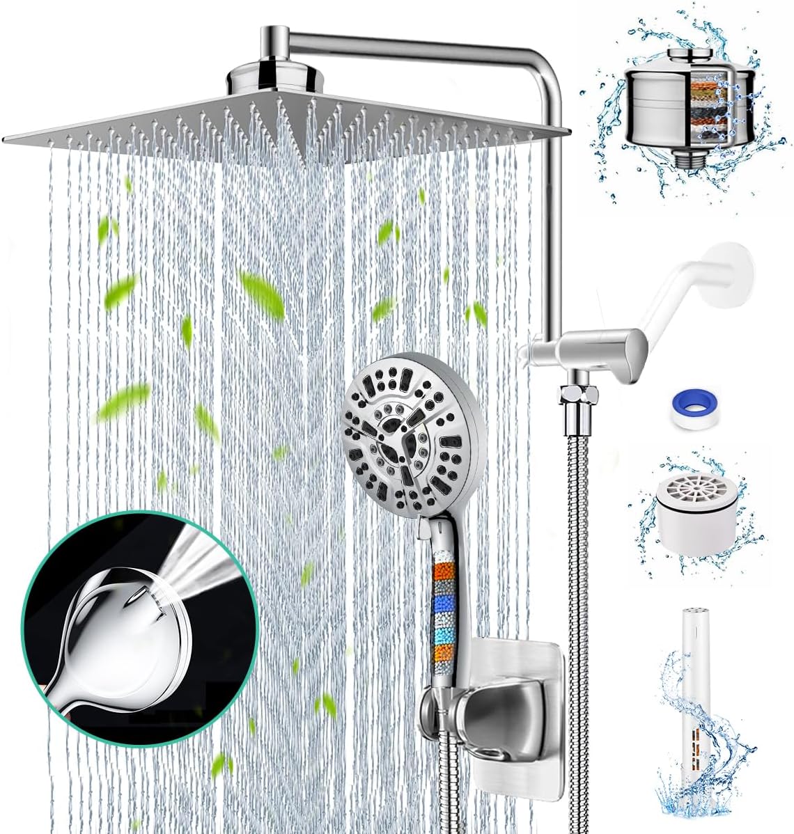 12" Shower Head Rain Shower Head with Handheld Dual Filter for Hard Water Rainfall Showerhead with 10 Setting Handheld Built-in 2 Power Wash with 12" Extension Arm,79" Hose, 4 Hooks & Extra Cartridges