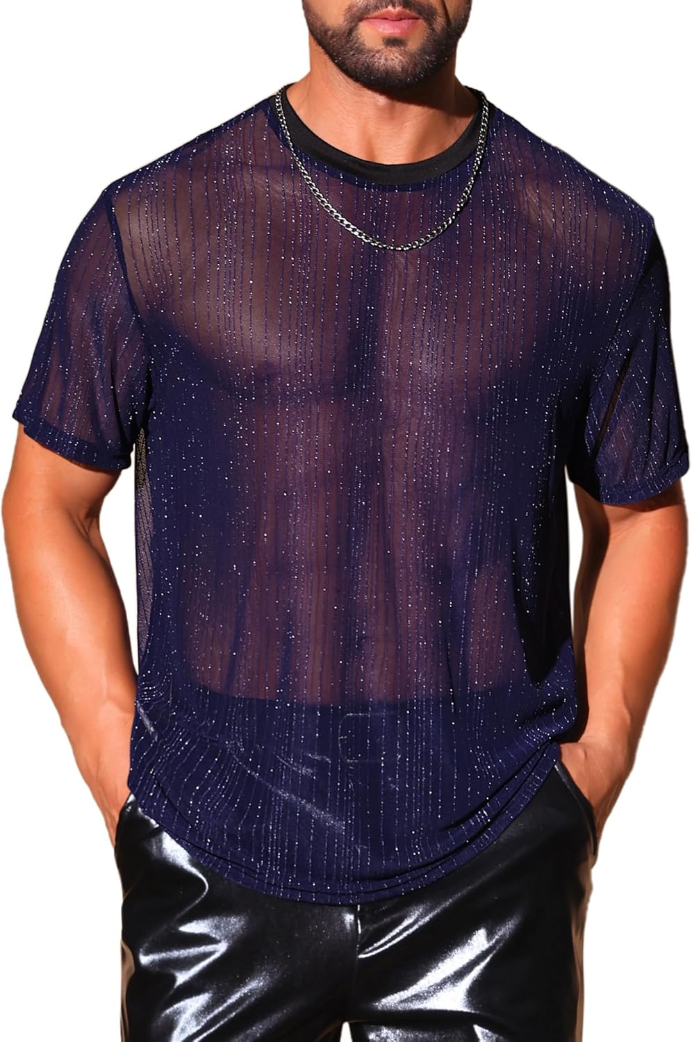 Lars Amadeus Shiny See Through T-Shirt for Men's Breathable Short Sleeve Party Sheer Mesh T-Shirts