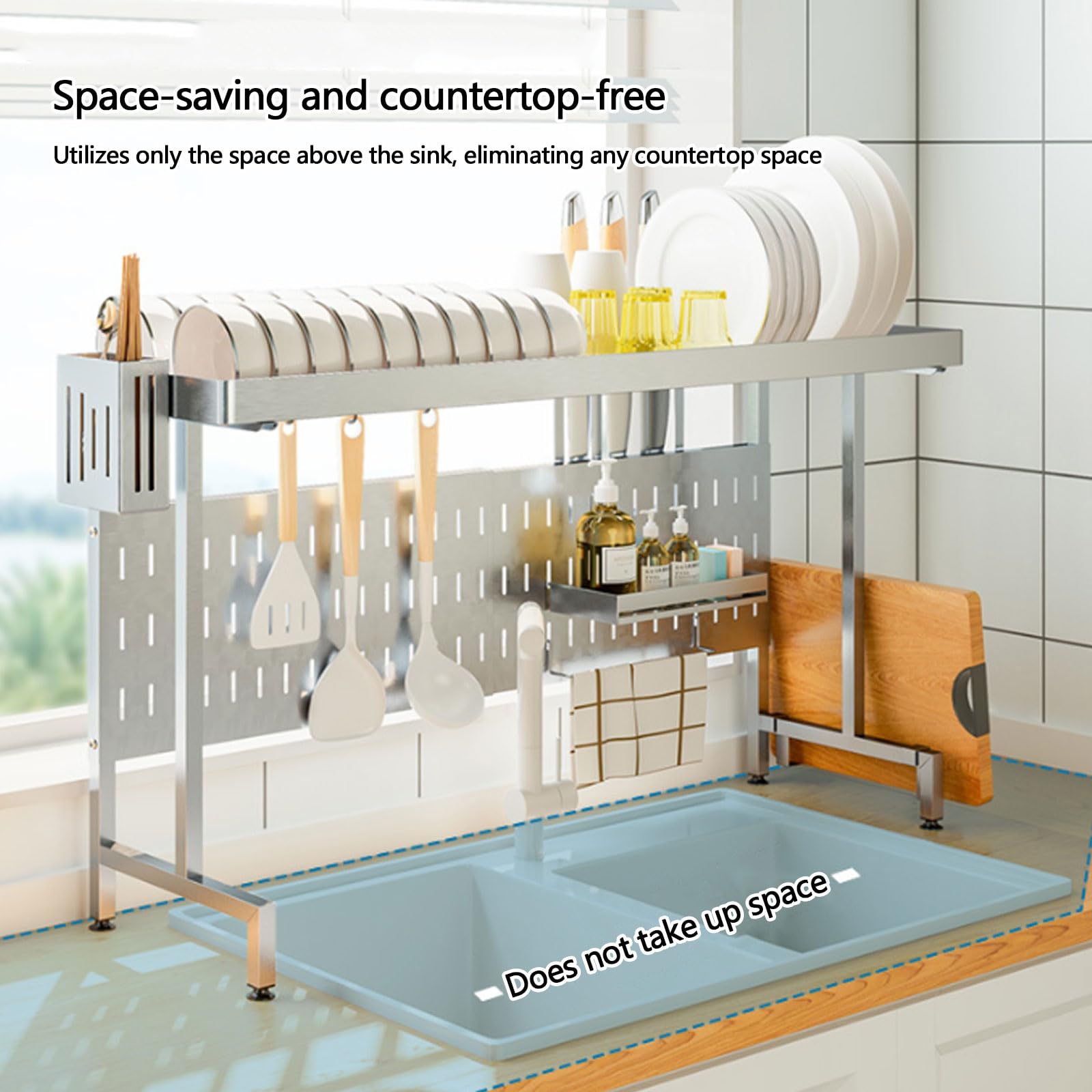 Escurridor de platos, estante de almacenamiento extensible de acero inoxidable para fregadero, diseño estable para platos, vasos, cuencos y cubiertos, organizador de cocina multifuncional