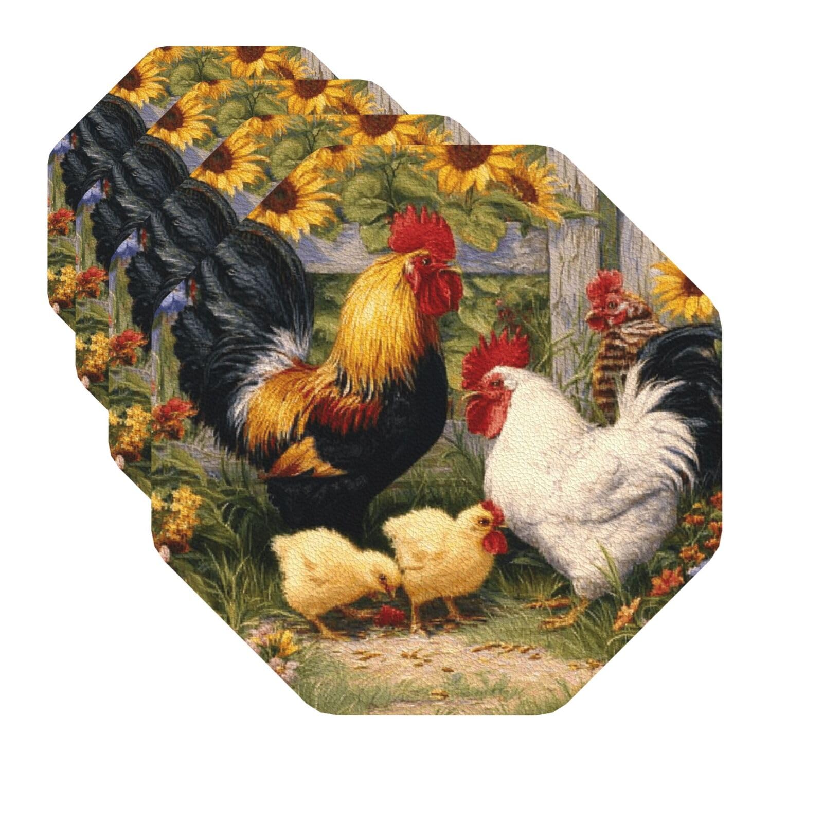 Drink Coasters Set of 4 Quick-Dry Leather Coaster chicken painting Coasters for Drinks Coffee Cup Mat Tabletop Protection Heat Resistant Coaster for Kitchen Bar Office Home Decor