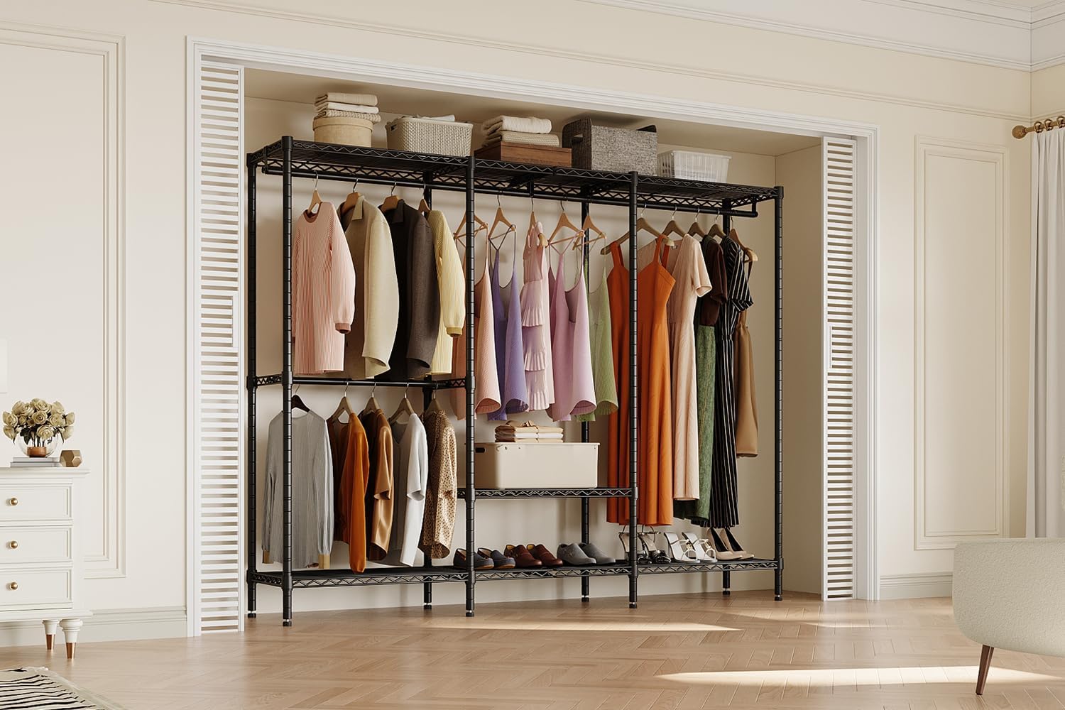 H8 Garment Rack with Cover, Portable Closet for Hanging Clothes, Heavy Duty Clothes Rack Wardrobe Closet Organizer and Storage, Black Clothing Rack Shelf with Black Fabric Cover