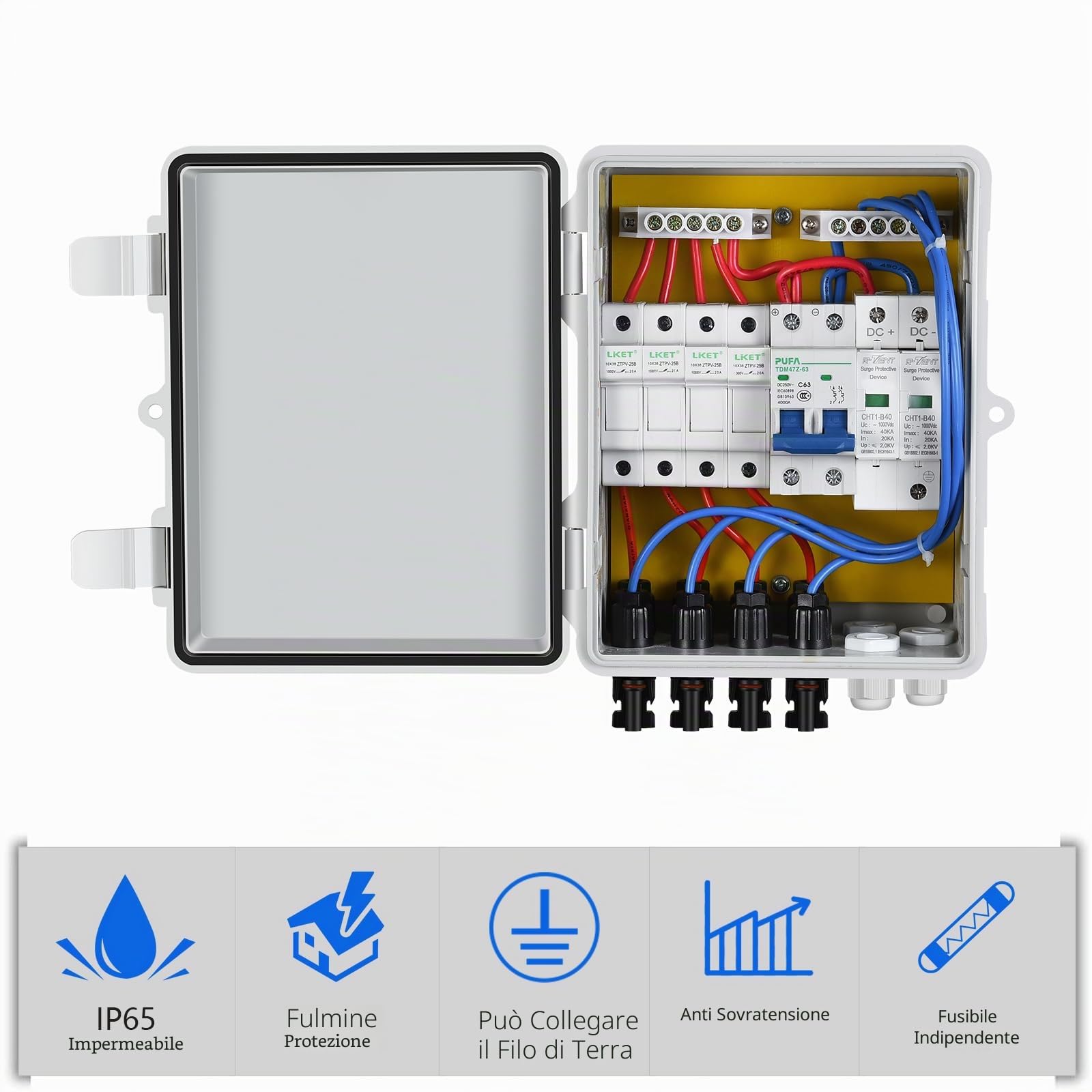 ECO-WORTHY 4 Stringhe PV Combiner Box 10A Interruttore con Coperchio in Plastica ABS Scatola Elettrica - Impermeabile Protezione Sicura Generatore Fotovaltaico per Pannelli Solari Kit Sistema