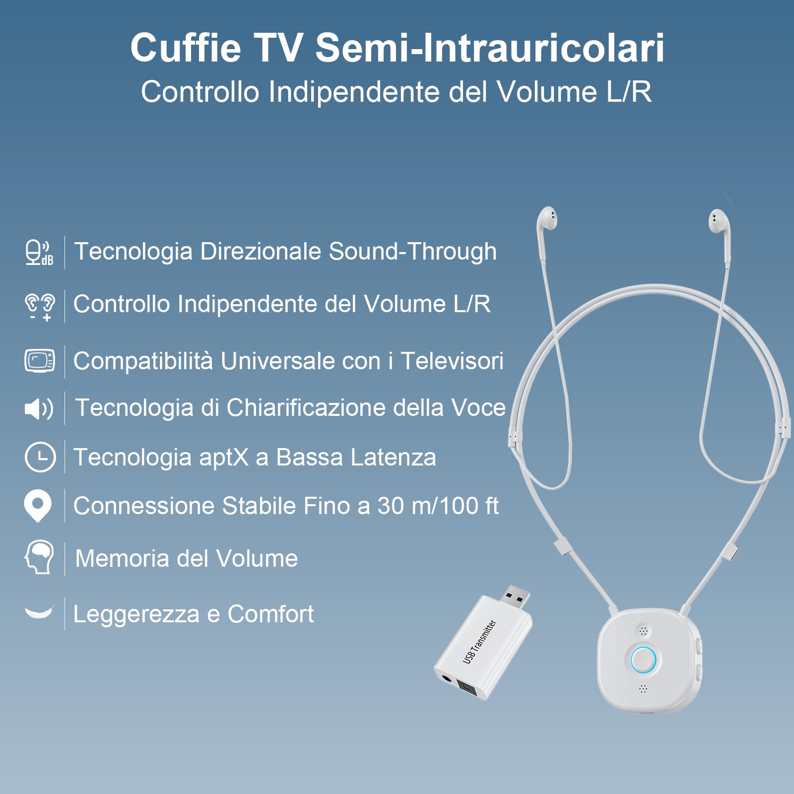 Cuffie Collo Semi-Intrauricolari con Controllo Volume Indipendente DX/SX, Grandi Pulsanti, AptX LL, Auricolari Cuffie per TV Compatibili Ottico/AUX/RCA/USB, Comodo e Facile da Usare per Gli Anziani