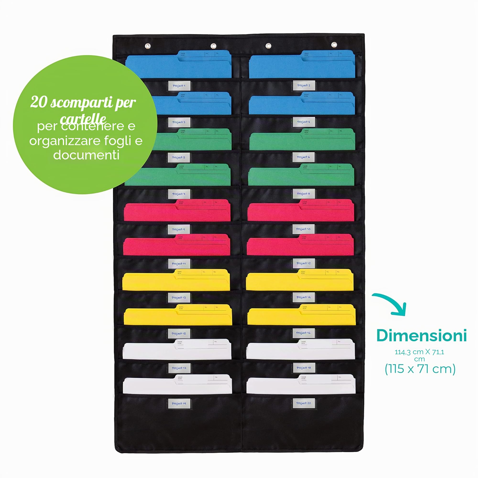 WallDeca Portariviste da Parete con 20 Tasche Formato A4 ed Etichetta Identificativa – Portadocumenti per Uffici, Casa, Scuola con 3 Ganci Inclusi – Schedario Parete Nero (115 x 71 cm)
