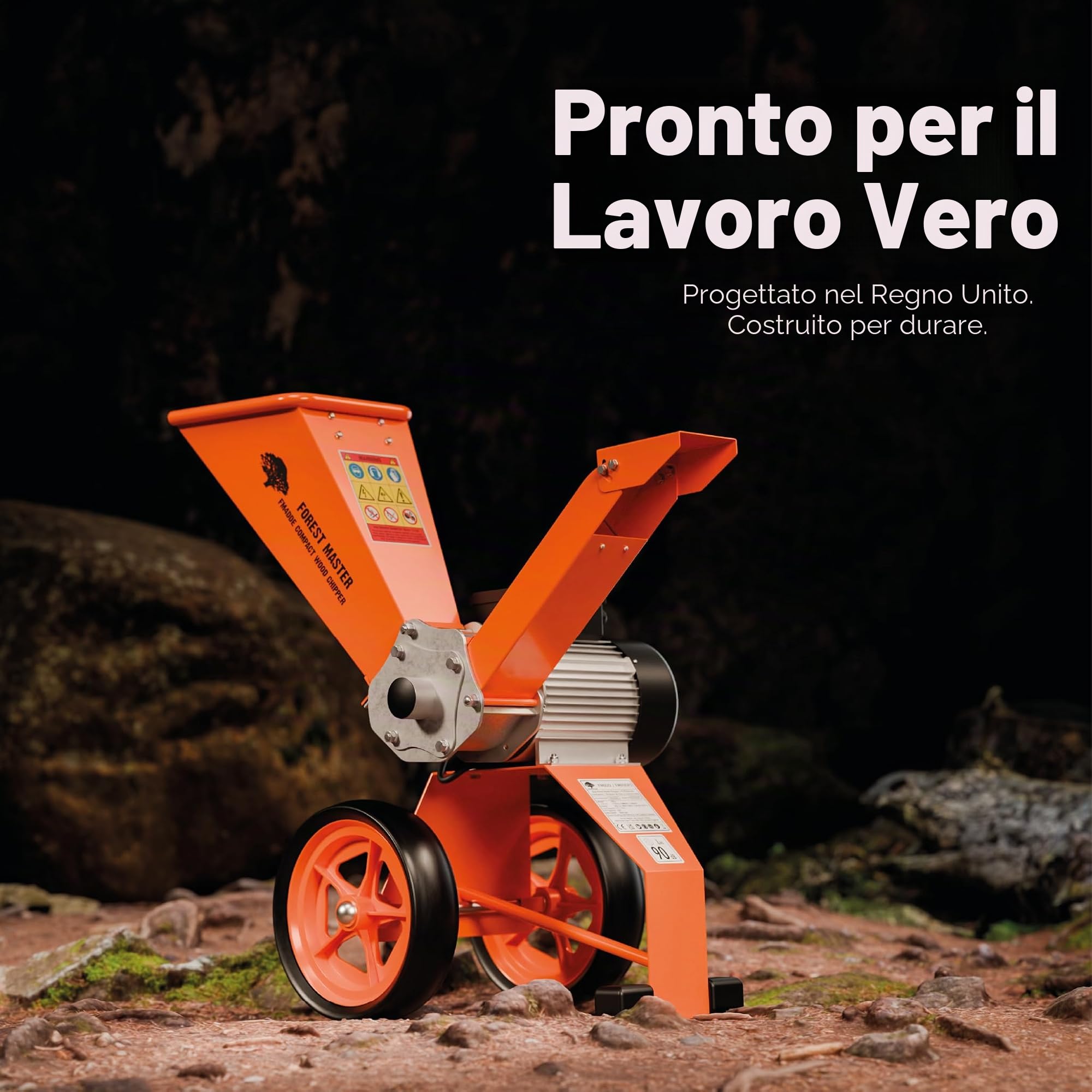 FM4DDE-EU-ADJ Cippatrice Elettrica 4hp con Tramoggia Rotante – Trasmissione Diretta, Compatta e Portatile – Sminuzza Rami fino a 50 mm di Diametro con Sistema Anti-Blocco Migliorato e Spina EU