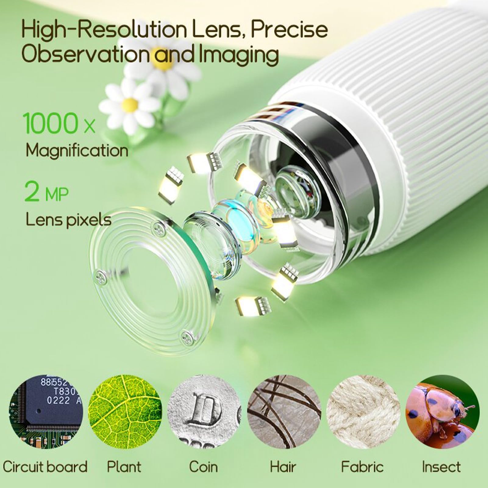 Mikroskop, Ręczny Mikroskop 2MP 2 -calowy Ekran z Regulowanymi 8 Diodami LED dla Owadów Włosów (WHITE)