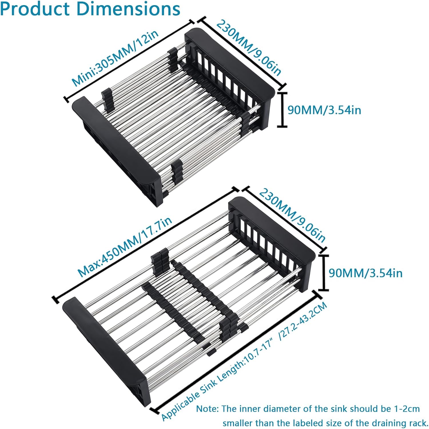 Kitchen Multi-Function Retractable Sink Dish Drying Rack, Stainless Steel Drainer for 10.7"-17" Sinks, Kitchen Countertop Organizer for Dishes, Vegetables, and Fruits (Black & Small)