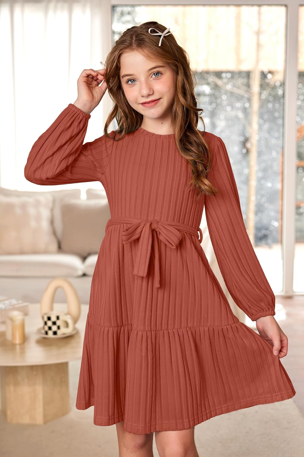 BesserBay Girls Long Sleeve Dresses Removable Tie Belt Fall Ribbed Dress Ruffle Hem with Pockets 6-14 Years - Image 6