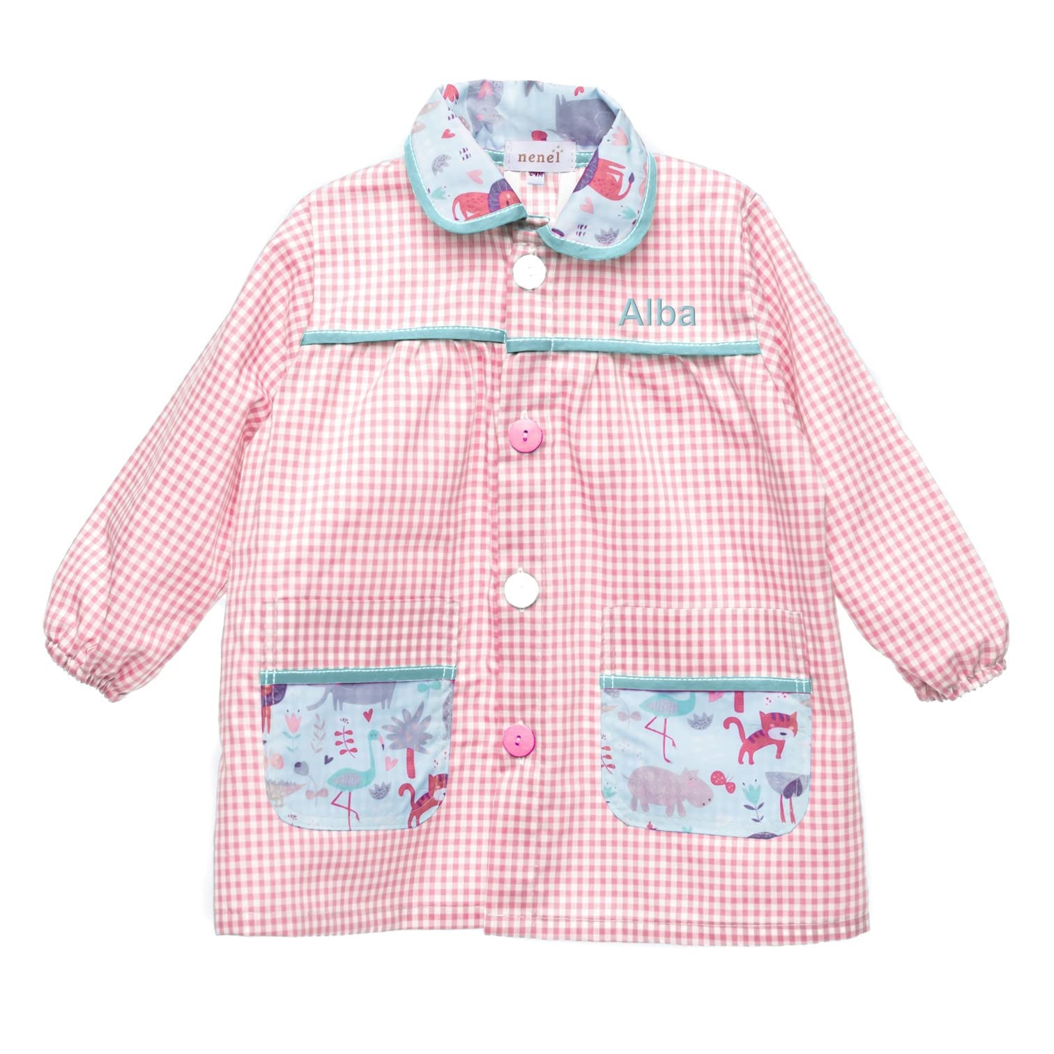 Nenel Conjunto Escolar para Colegio o guardería: Mandilón, babi o Bata Escolar + Bolsa merienda Bordado con el Nombre. Modelo Cute Animals