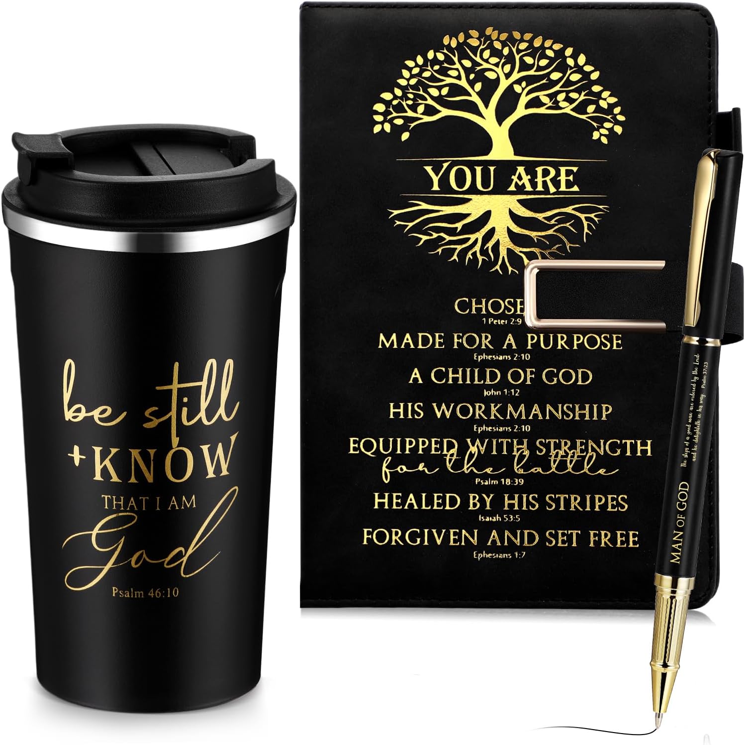 Pickmesh 3Pcs Fathers Day Christian Gift for Men Man of God Prayer Leather Journal with Pen Coffee Cup Bible Study Kit for Graduation Birthday Coworker Pastor Church(Be Still & Know,Black)