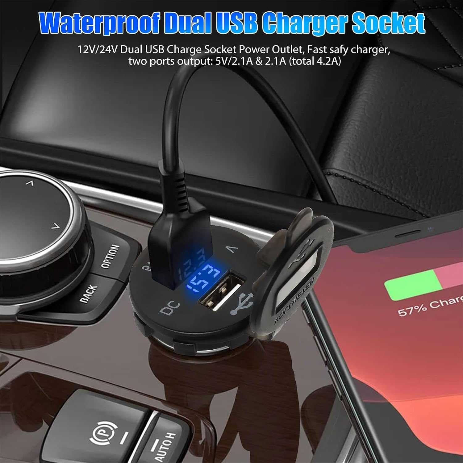 Linkstyle 12V 4.2A Dual USB Charger Socket Power Outlet with LED Digital Display Voltmeter, Waterproof Dual Charging Ports for 12V/24V Car RV Boat Marine Motorcycle Mobile- Blue
