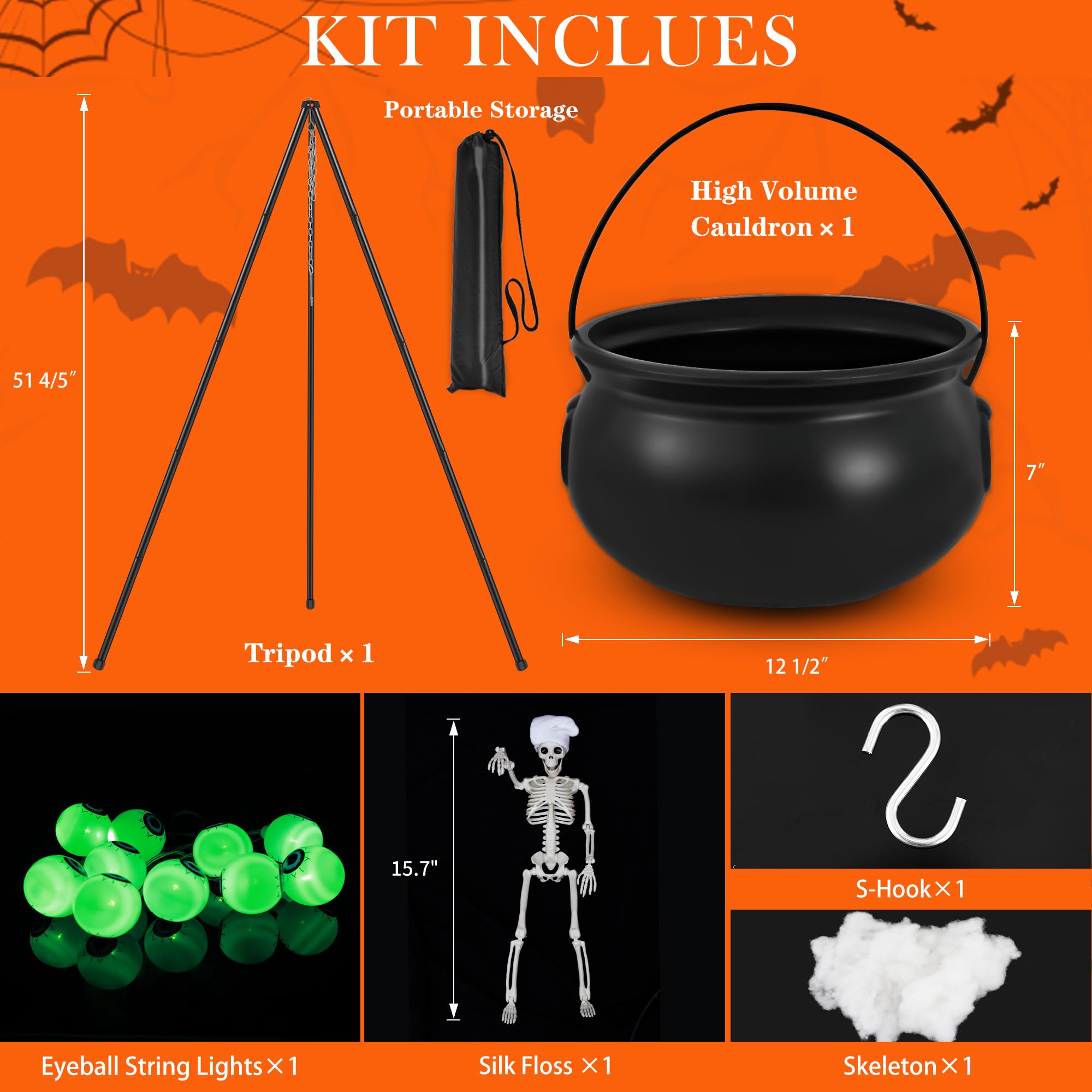 Halloween Decorations Outdoor,Witches Cauldron for Yard Decorations,Halloween Decorations Indoor,Large Witches Cauldron on Tripod with String Lights, Skeleton and Eyeballs Patio Garden Lawn