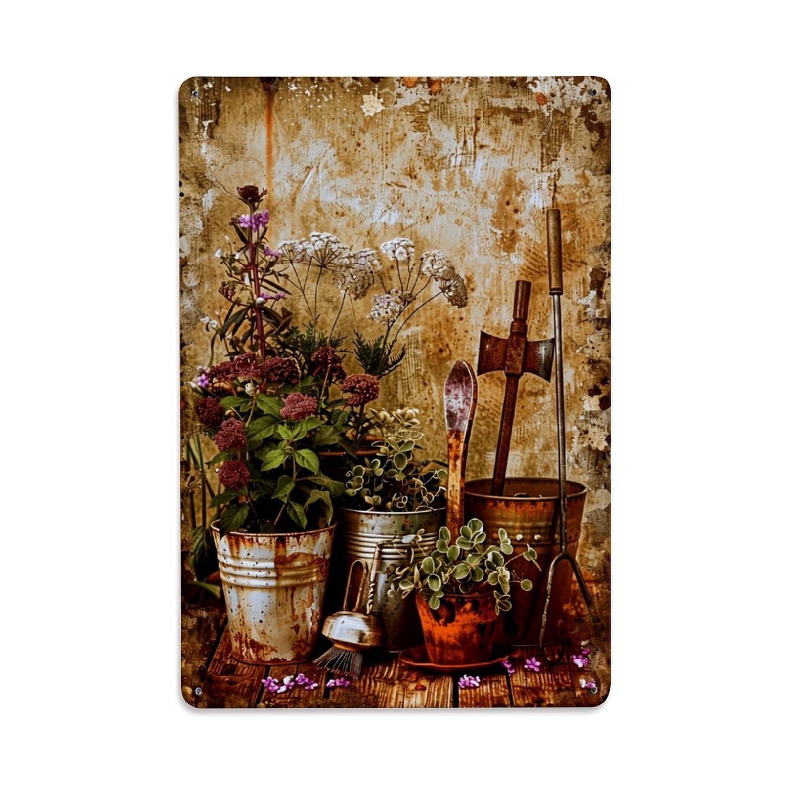 Jdfenggu Vintage Rusty Metal Garden Tools And Flowers Retro Metal Tin Sign, Decor Art Poster For Bar, Home, Man Cave, Kitchen, Laundry Room Gift 8X12inch