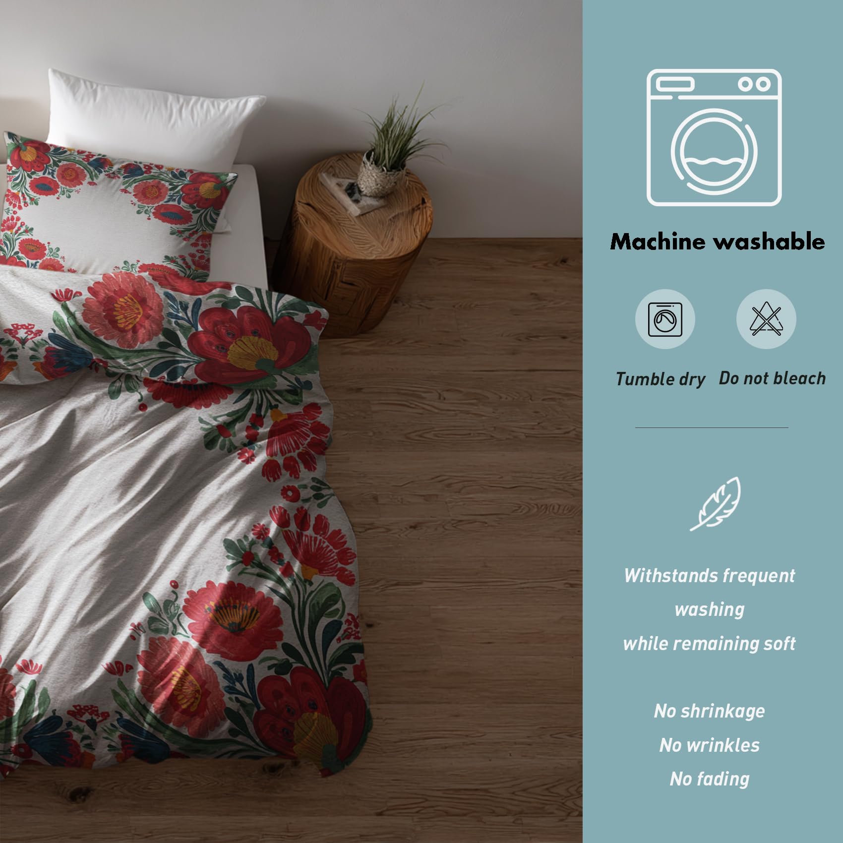 Generisch Blumen Rot Bettwäsche 135x200 2er Set Deckenbezug, Geschenk | Landhausstil Floral Muster, Bettbezug Set, Bügelfreie, Reißverschluss, Kissenbezug, Wendebettwäsche Blumen Rot Deko