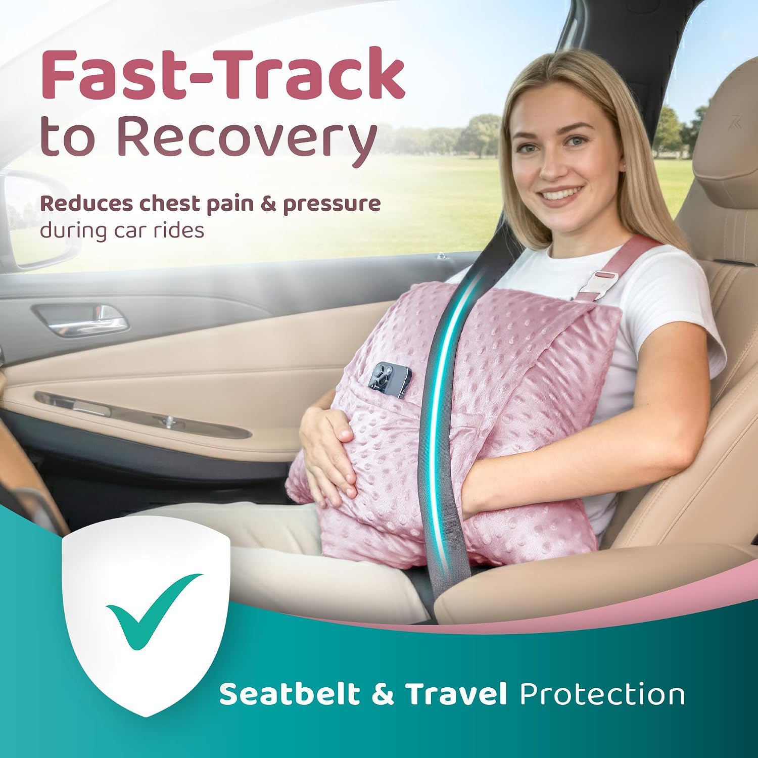 Zomaple Hysterectomy Pillow Post Surgery + Strap, Rosegold – Full Abdomen Coverage for Restful Trips – Relieves Pressure & Comes with Removable Cover – Hysterectomy Recovery Must Haves