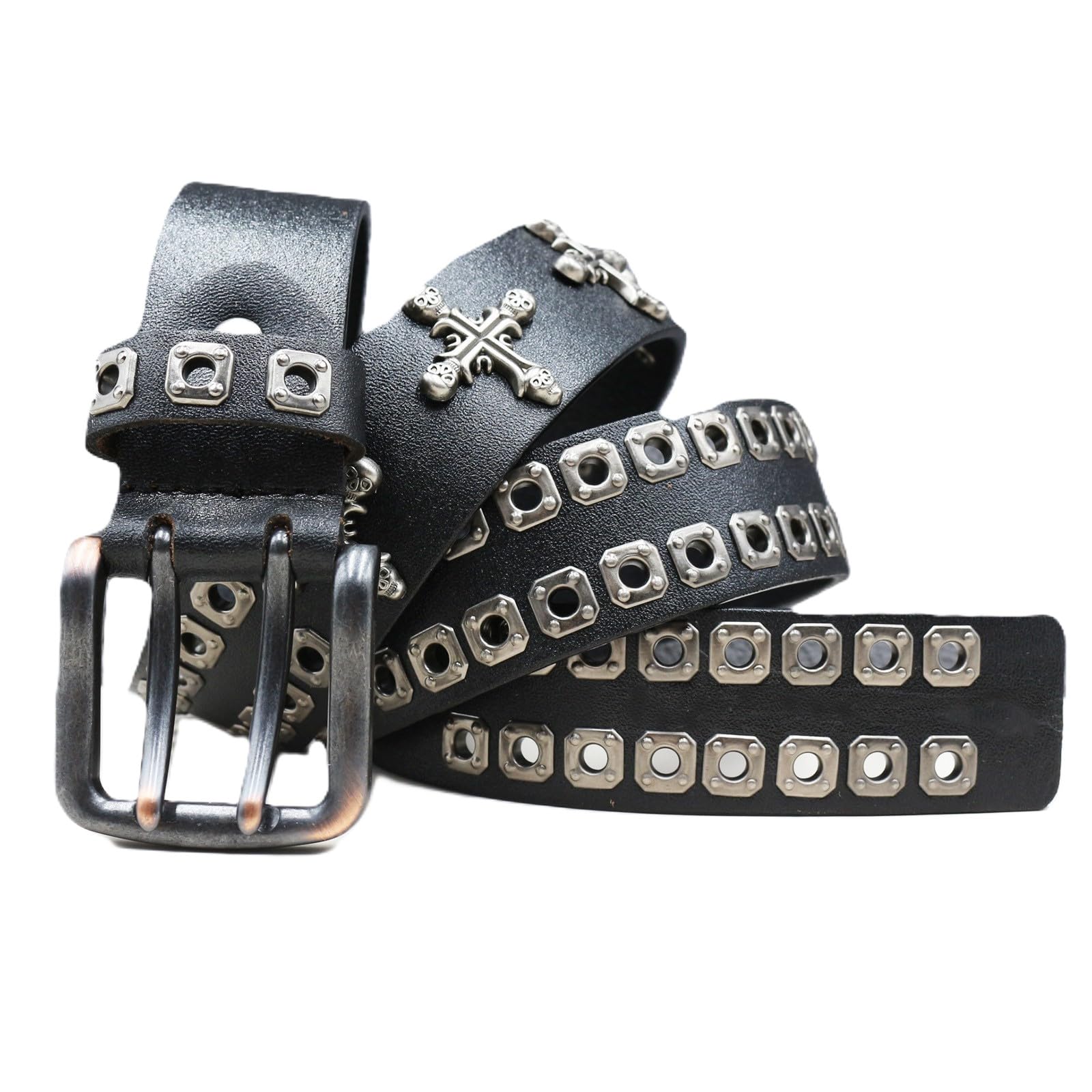 Cinturón De Cuero Con Tachuelas Gótico Punk, Remaches Cruz Calavera, Negro 115 Cm/45