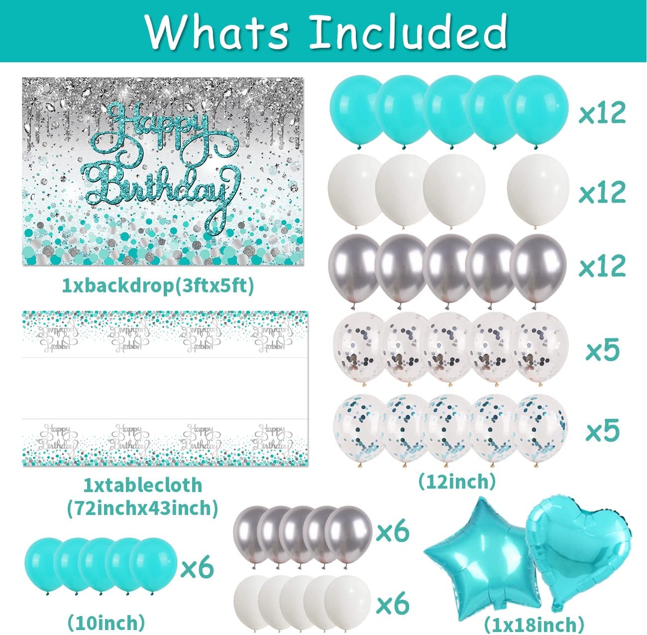 Happy Birthday Decorations - Teal & Silver Glitter Backdrop, Blue Balloons & Dot Tablecloth Kit - Image 2