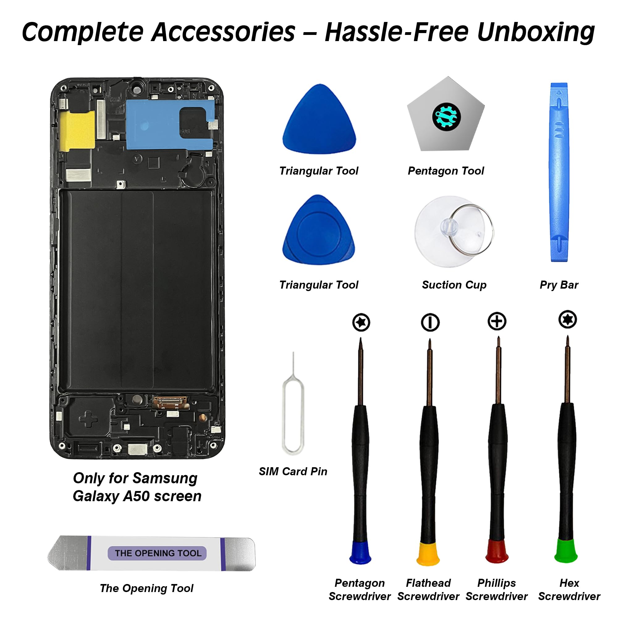 Bildschirmersatz für Samsung Galaxy A50, mit Rahmen A505F A505FN A505W A505U A505U1, LCD-Display-Digitalisierer-Baugruppe mit Reparaturwerkzeugen