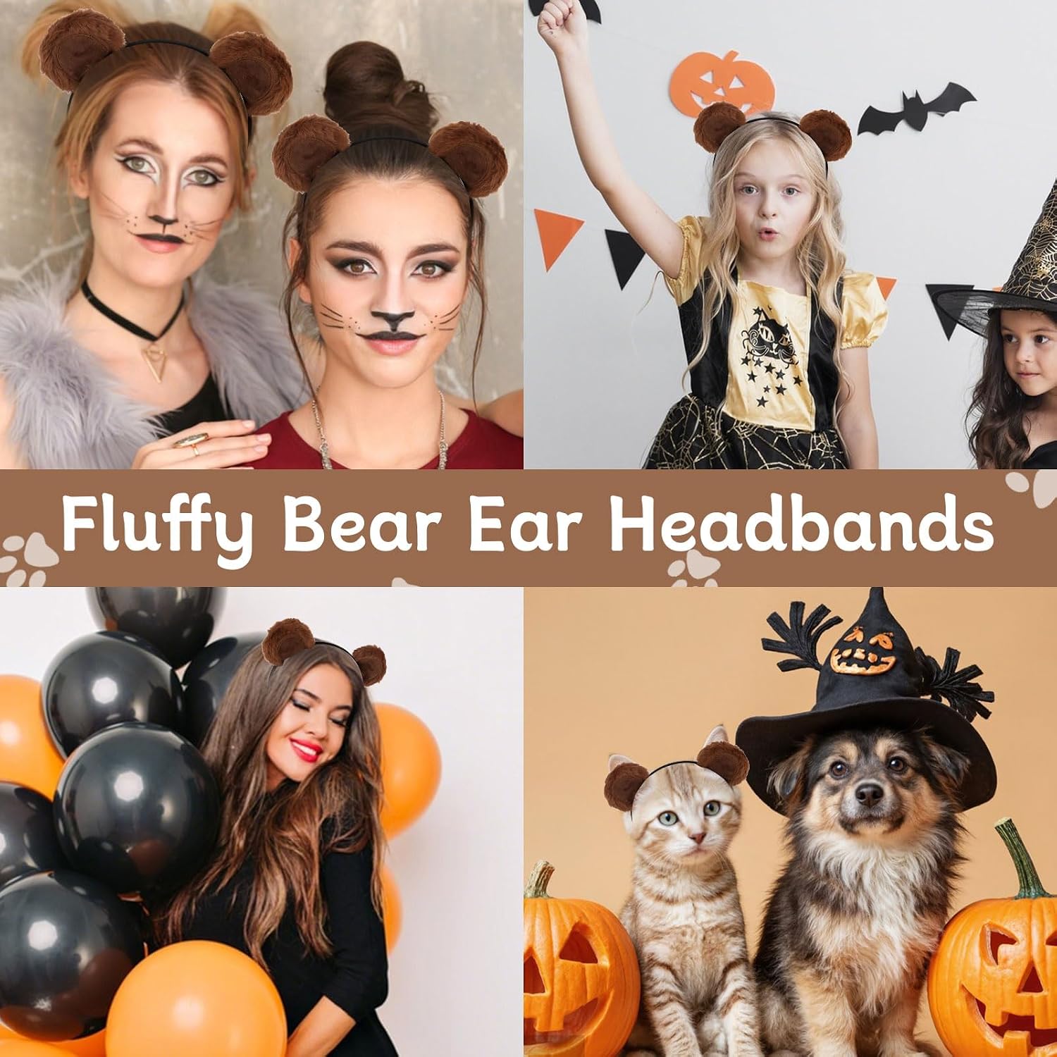 3PCS Bear Ears Headband, Brown Furry Animal Ears Headband for Women Girls Adults Cute Halloween Movable Head band for Cosplay Party Costume Daily Care Hairband for Makeup Washing Face