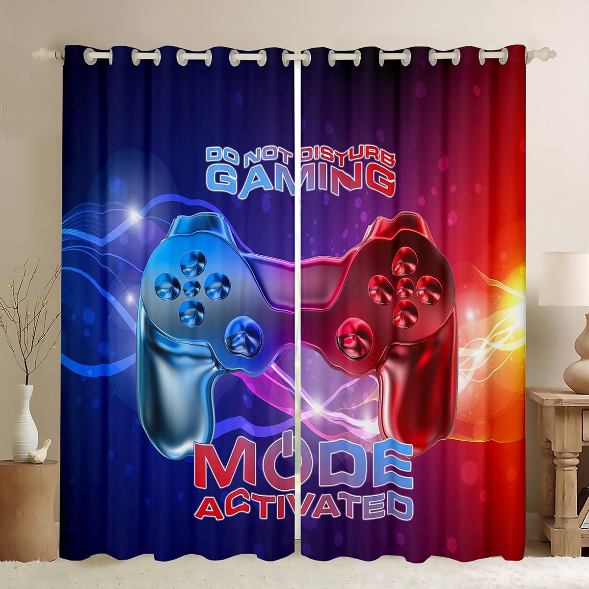 Gaming Curtains Galaxy Nebula Blue Red Gradient Curtains for Bedroom Living Room Kids Boys Video Game Gamepad Windows Drapes Novelty Game Controller Room Decoration,W66*L90
